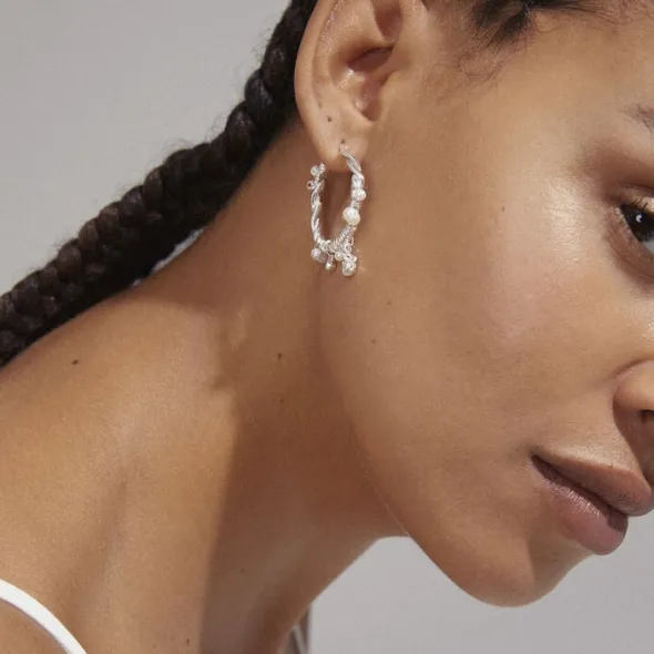 ANA pearl & crystal hoops silver-plated