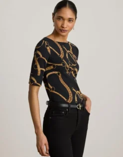 Belting-Print Cotton Boatneck Tee