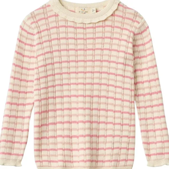 KNITTED STRIPE POINTELLE LS BLOUSE