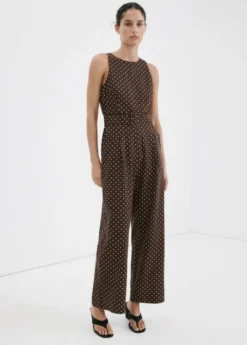 Linen jumpsuit with polka-dot belt