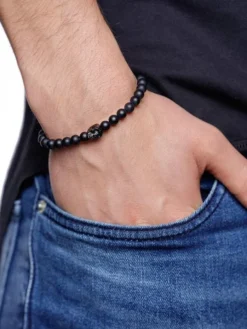 Men's Beaded Bracelet with Blue, Brown, Orange, White, and Silver Disc