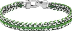 Men's Green Woven 8mm Box Chain Bracelet in Silver