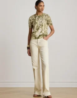Palm-Frond-Print Short-Sleeve Sweater