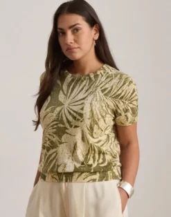 Palm-Frond-Print Short-Sleeve Sweater