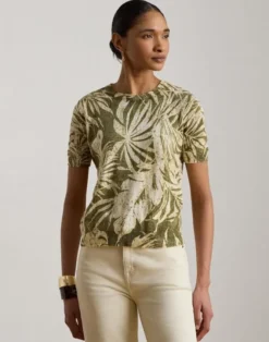 Palm-Frond-Print Short-Sleeve Sweater