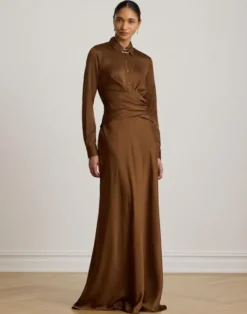 Pleated Button-Up Charmeuse Gown