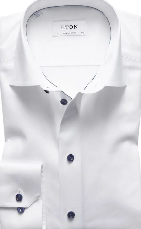 White Twill Shirt Dark Blue Details - Contemporary Fit